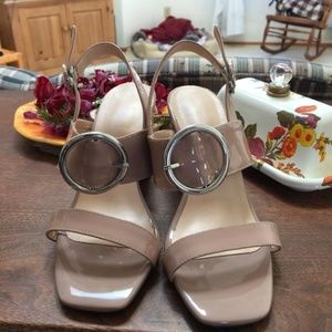 Beige Patent Leather Sling Back Sandals Size 6.5